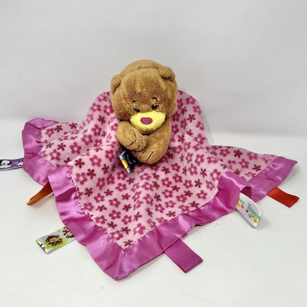 Taggies Baby Security Blanket Pink FlowerLovey Satin Trim & Back Teddy Bear 14"